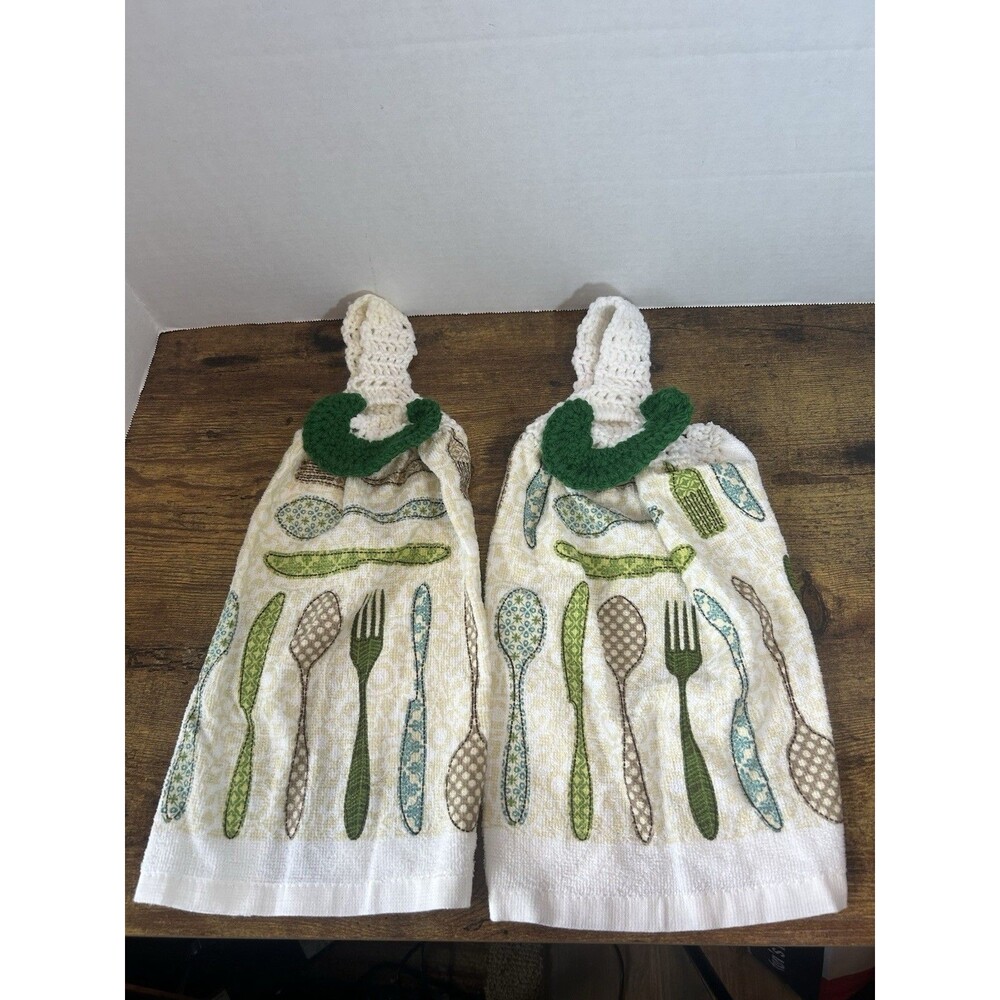 Set Of 2 Hanging Kitchen Towels Crochet Top Spoon Fork Farmhouse Decor Rustic - Picture 2 of 15